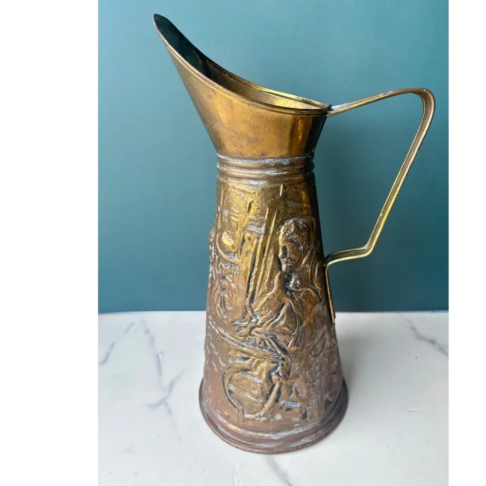 Vintage Embossed Brass Pitcher Repousse Tavern Scene Decorative 10 Inch England
